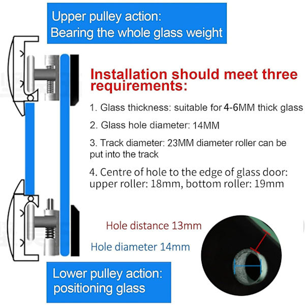 Brusedørsrulle, 4 dobbelte brusedørsruller, skydedørsruller, brusekabine, udskiftningshjul til 14 mm glas hul