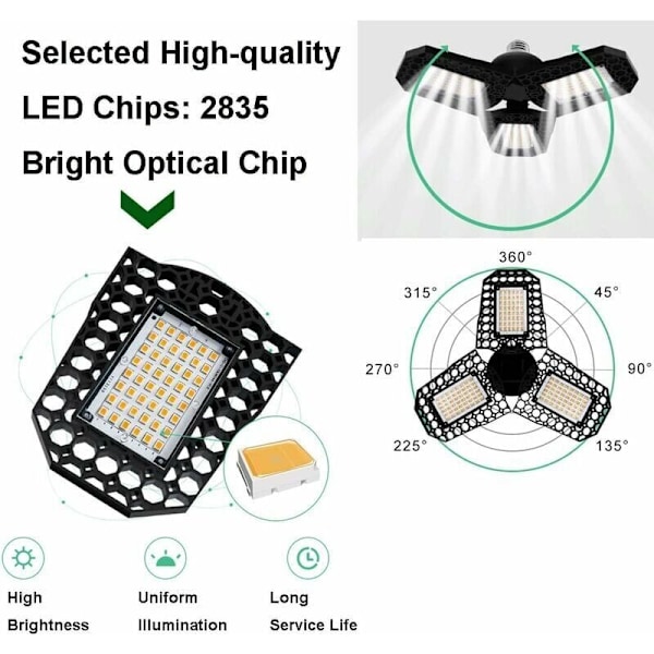 60W LED Garagebelysning, LED Taklampa, E27 Deformerbar Taklampa med 3 Justerbara Paneler, Kallvitt ljus, för Garage Verkstad Lager Källare H