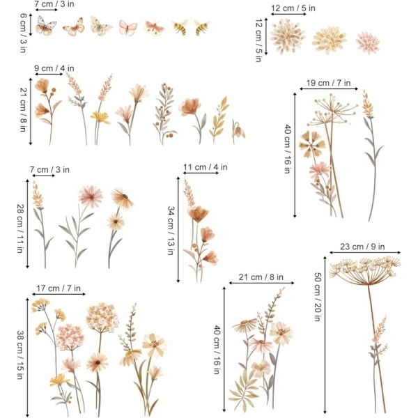Vægstickers Boho Blomster Sticker Væg Blomst Blomst Pandelol Papillon Vægdekoration Soveværelse Kontor