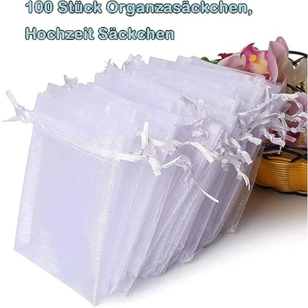 100 kpl valkoisia organza-pusseja, 7 x 9 cm, organza-lahjapussi, korupussi, hääpusseja, laventelipusseja, häälahja