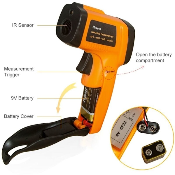 Infrarødt termometer, kontaktløs laser infrarødt termometer fra -50°C til 550°C, baggrundsbelyst LCD-display (ikke til mennesker)
