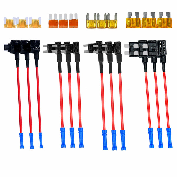 4 typer av 12V Add-a-Circuit-adaptrar och säkringssats - Säkringshållare med MICRO2 Mini Low Profile Tap-adapter
