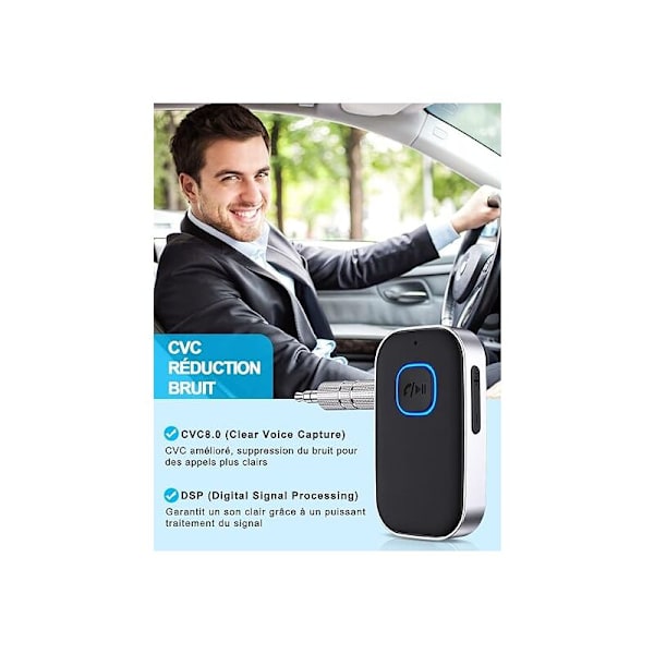 Bluetooth 5.3 Mottaker for Bil, Bluetooth Adapter for Bil, 3.5mm AUX Jack med Trådløs Støyreduksjon for Bilstereo/Bilradio/Kablede Hodetelefoner/Høyttaler