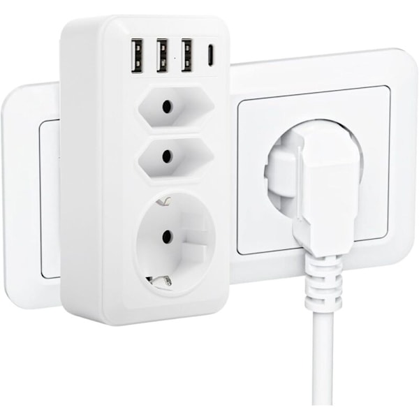 Grenuttagsadapter, 7 i 1 vägguttag med 3 uttag, 4000W (16A) Euro-uttag med 3 USB och 1 typ-C-gränssnitt (5V 3A), USB mult