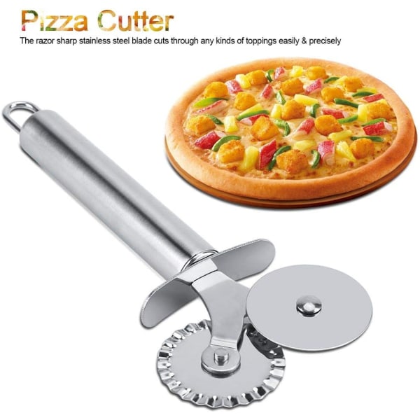 Multifunktionell pizzaskärare i rostfritt stål med två hjul, säkerhetskaka