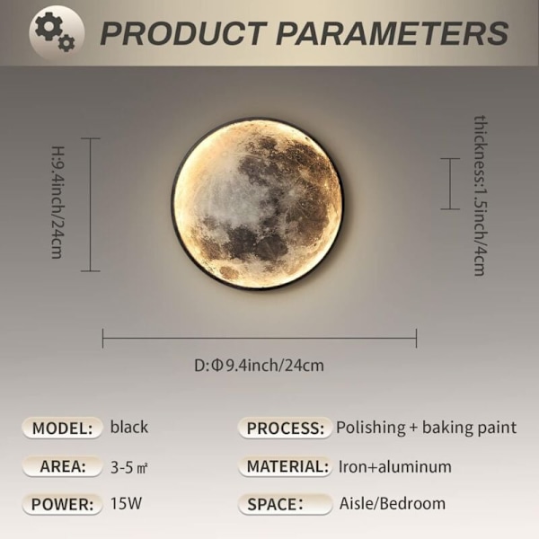 Indendørs Væglampe Moderne LED Væglampe 15W Cirkel Design 6500K Sort Soveværelse Stue 24 CM