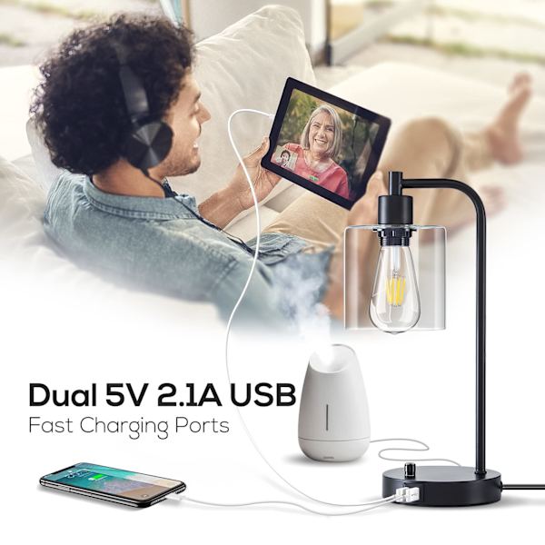 Dimbar skrivbordslampa liten svart industriell LED med USB-laddningsbar glasskärm för sovrum vardagsrum hemmakontor