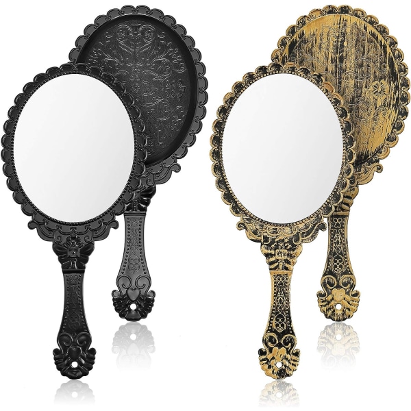 2 delar Vintage handhållen spegel Bärbar präglad blomspegel