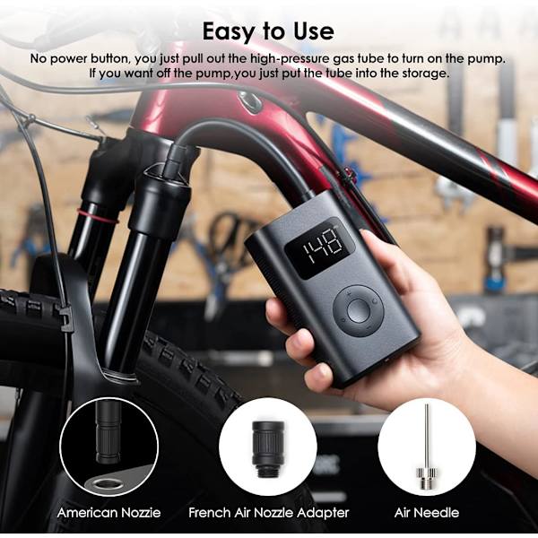 Bärbar luftkompressor 1S-Bilpumpa Elektrisk cykelpump, Mini bärbar luftkompressor Digital LED-lampa, 2000mAh Typ-C-laddning 150PSI för cykel