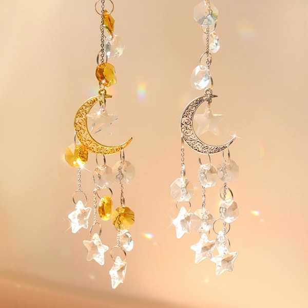 2 Pieces Crystal Sun Catcher, Rainbow Prism, Gold and Silver Moon Star Crystals Pendants, for Ceiling Light Window Decoration Garden Hanging Outdoor