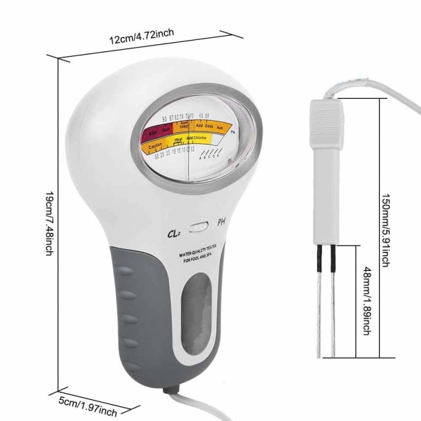 Vannkvalitetstester, PH-måler, Fri Klor-tester for bassengvann, Drikkbart vann pH, Batterifri, Stor skjerm, Digital vannkvalitet