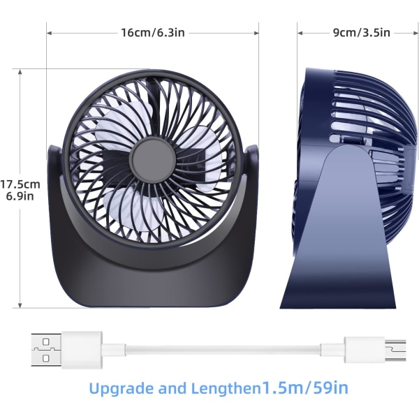USB pöytätuuletin – Mykistä makuuhuone 360° pyörivä (sininen)