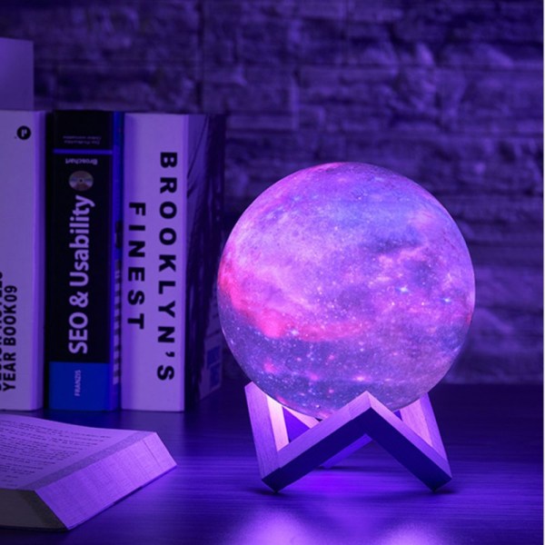 Moonlight Natlampe 16 Farve Galaxy Lampe 3D Trykt Moonlight Lampe med Stativ/Fjernbetjening/Touch/USB Opladning/Timer, Måne Natlampe, 12CM(12CM)