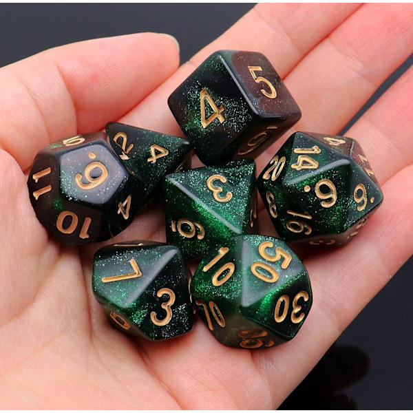 Flersidig DND Tärningssats Glittertärningar för Dungeons and Dragons RPG Gröna Blandade Svarta Nebulafärgade Tärningar