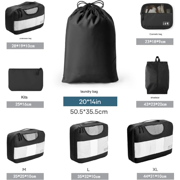 Veco 8-delt bagagesæt, håndbagage-rejsefornødenheder, bagagearrangørsæt, velegnede rejsetilbehør, 4 størrelser (ekstra stor, stor, mellem,