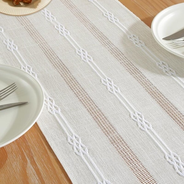 Bordslöpare i BOMULL med broderi, Länk Interiör, Bord, Gård, Utomhusstil, Café, 180 cm, med handgjorda ekollon för picknick, fest, kök, bröllop, 33180 cm-beige