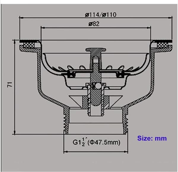 Vaskesluk uden overløb rustfrit stål kurv ø 110 mm 1½\", Rustfrit stål + ABS afløb + kurv