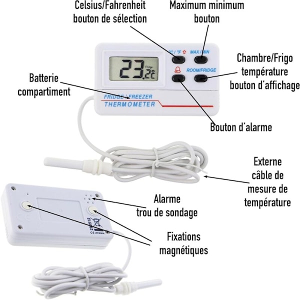 Digitalt køleskabs- eller frysetermometer - med alarm - Max min funktion - 1,2 m kabel