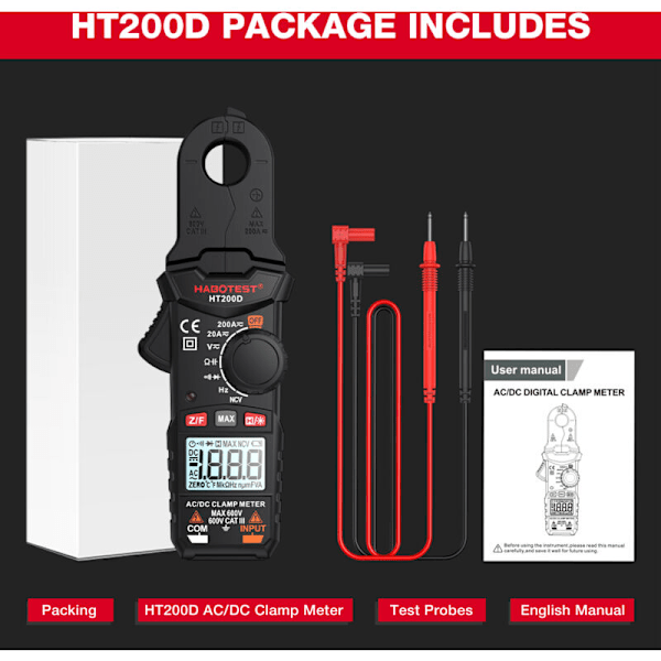 Digitalt amperemeter tang HT200D 2000 punkter True RMS NCV 600 V Spænding 200 A Strøm CC/CA Multimeter Digital Tang Ampèremmetrique kan måle resi