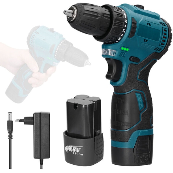 16.8V Elektrisk Skrutrekker, Lithium Trådløs Drill, 23 Justerbart Dreiemoment, Multifunksjonelt Elektroverktøy for Hjemmet