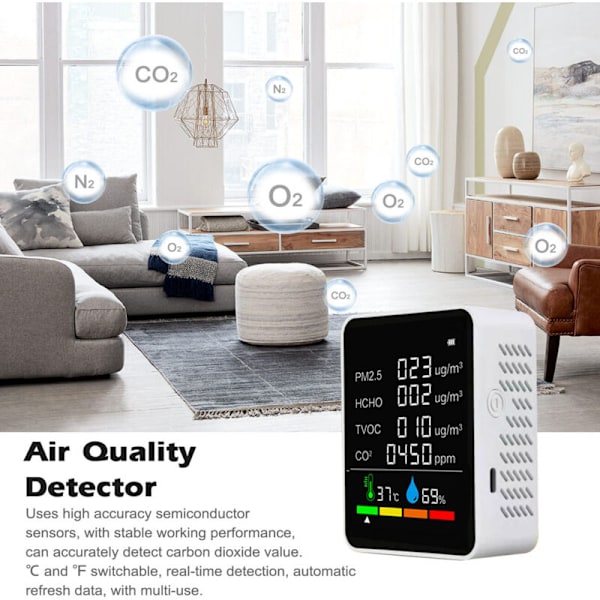 Innenlands luftkvalitetsdetektor Multifunksjonell CO2-tester med karbondioksid PM2.5 TVOC HCHO-verdi HUNTLE MUNITITY Temperaturvisning LCD Farge Relat