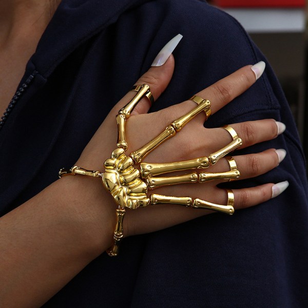 Punk Armbånd (gull) Skull Finger Metal Skull Armbånd med Ring