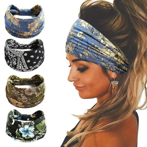 4 stk Brede Boho Hodebånd for Kvinner Sklisikre Elastiske Hodebånd Mote Hårbånd Klær Hodebånd Hodeplagg Hårtilbehør for Strand Daglig Yoga Løping
