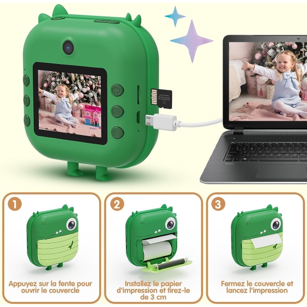 Print digitalkamera för barn, 2,4 tums LCD-skärm 1080P HD Selfie Videokamera videokamera med 32 GB TF-kort, födelsedag och jul