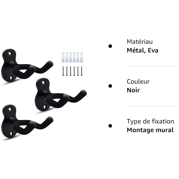 3-pack metallgitarrväggfäste med skyddande svamp - för basgitarr banjo ukulele - svart