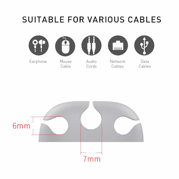 6-pack kabelarrangör bil (grå, exklusive datakablar) kabelhållare skrivbord kabel snygg klämma för att organisera USB-kablar, stark självhäftande kabelhållare fo