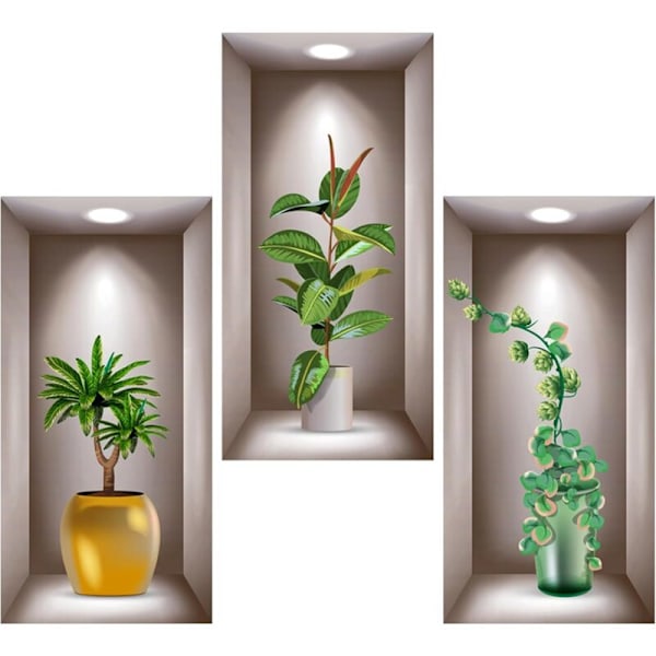 Sett med 3 3D veggklistremerker i 3D vinyl for stue, vaser, grønne planter - for soverom, kontor, kjøkken - 40 x 20 cm