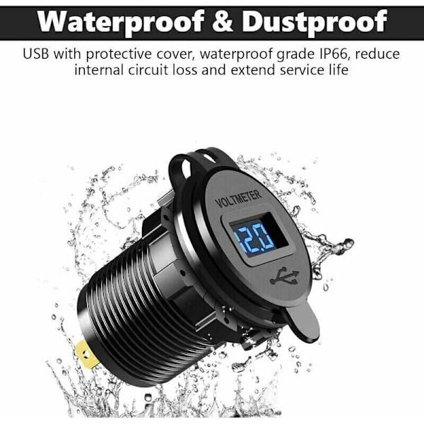 USB/QC3.0 dobbelt oplader til motorcykler og biler - vandtæt - 12 V/24 V/36 W - med LED digital voltmeter og kontakt (blå)