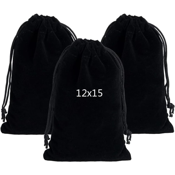10 korulaukkua musta sametti 12x15cm, kiristysnyörillinen laukku, iso koko