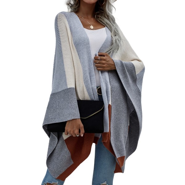 Kvinnors Boho Buffalo Plaid Cape Cashmere Sjal Cardigan Vinter Filt Kappa, Ljusgrå