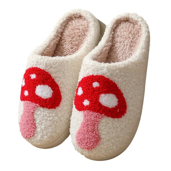 Sopp tøfler kvinners fluffy retro myk plysj hjemmesko fluffy slip-on komfortable innendørs utendørs tøfler 24,5 cm