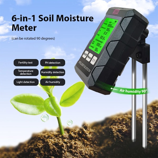 Jordfugtighedsmåler 6 i 1 pH-meter til måling af jordfugtighed/fertilitet/pH/temperatur/luftfugtighed/ieure