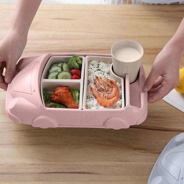 Barntallrik, disk för bärbara halkfria barn, Baby Coding Car Tecknad bilset för de flesta bord och barnstolar (rosa)