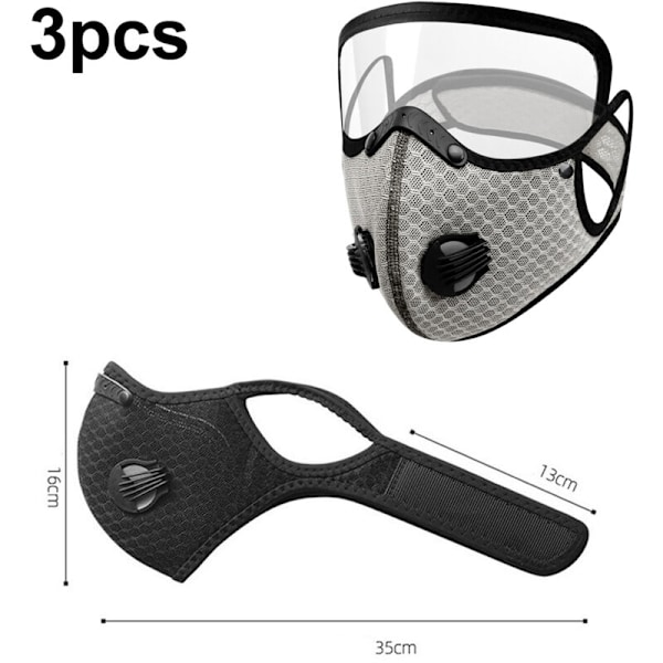 3-rums sportmask med utandningsventiler, justerbar dammskyddsmask för personligt skydd
