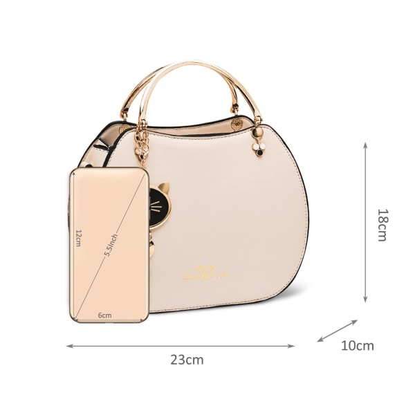 Dammode Handväska Liten Crossbody Väska Flickor Dam Rund Axelväska PU Läder Crossbody Väska Söt Handväska Plånbok med Katt Hänge  Off-White