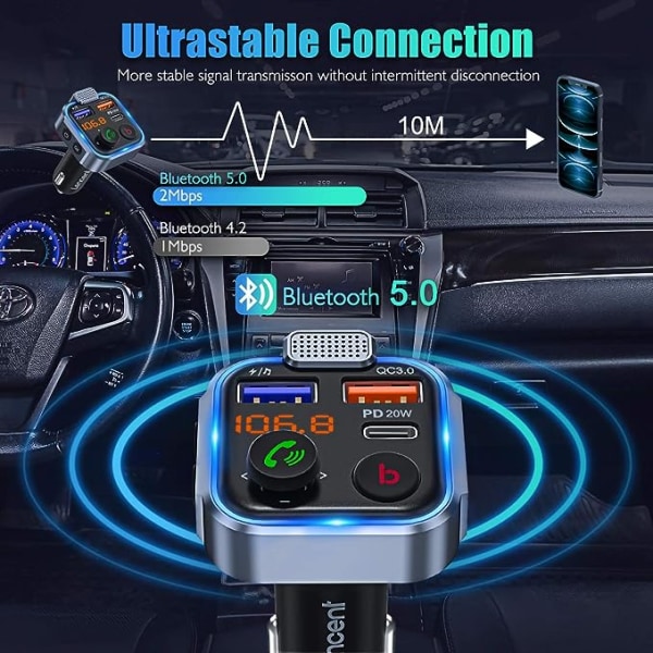 Bil FM-sender, trådløs Bluetooth 5.0 trådløs adapter bil k