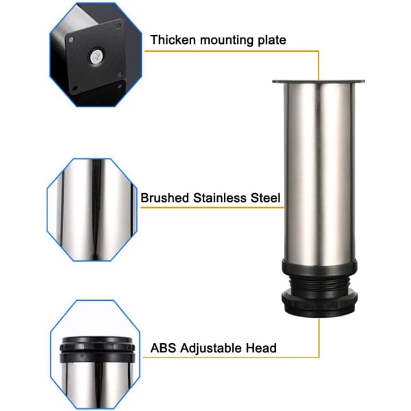 4 Justerbare Ben 150mm Høyde Tykke Skapben Bordben Møbelben, Børstet Rustfritt Stål, Justerbar Høyde 0-15mm