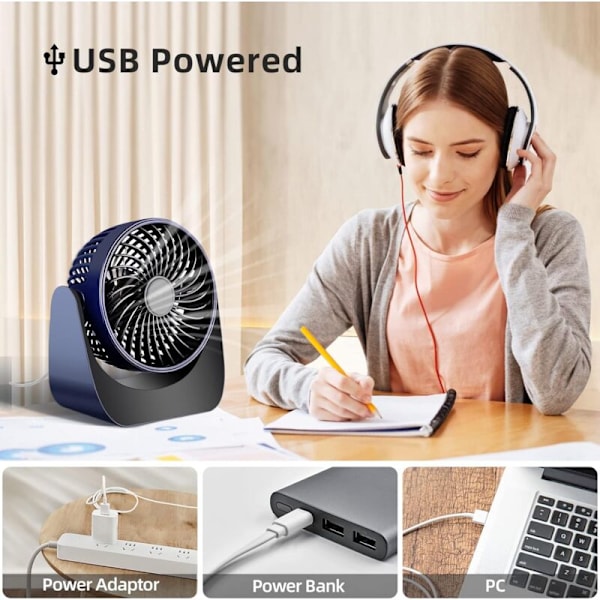 USB-tuuletin, hiljainen akkukäyttöinen tuuletin, 360° kannettava pyörivä minituuletin, 3 nopeutta pieni pöytätuuletin 1,5 metrin USB-kaapelilla työpöydälle/autoon/leirintäalueelle (tumman sininen)