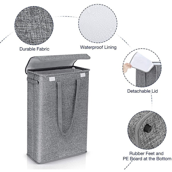 (Grå) 45 liter smal hopfällbar tvättkorg i linne med lock - tvättkorg med mycket stor kapacitet - 39x19x60cm - smal tvättkorg