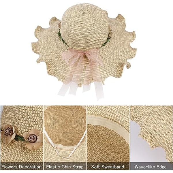 Solhatt Dame Bred Bremskjerm Solhatt UV-beskyttelse Sommer Foldbar Strand med Blomsterdekorasjon for Fritid Reise