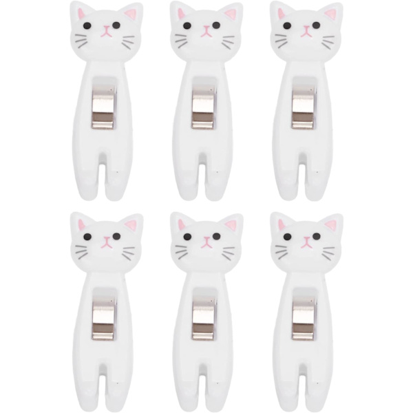 Sæt med 6 Tøjepinde (Hvid), Tegneserie Kat Forsegling Chip Clips, Søde Kat Tøjepinde, Metal Fjeder Madpose Snack Clip med