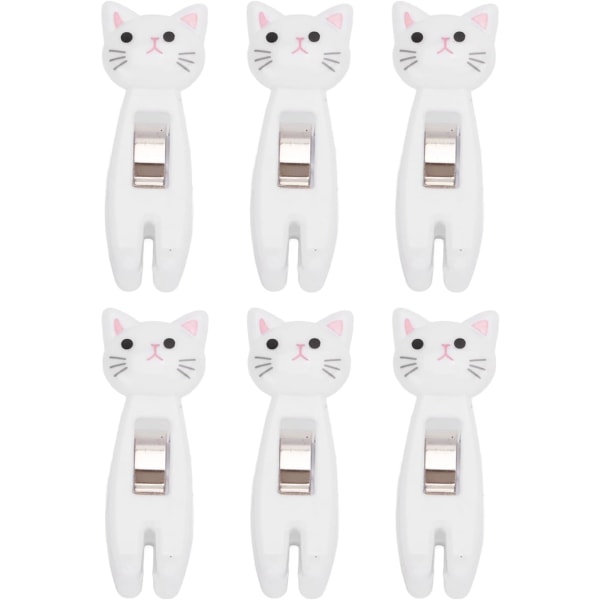 Set med 6 klädnypor (vita), tecknade kattförseglingschips, söta