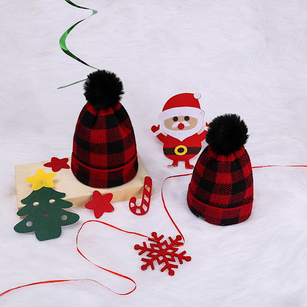 singlePlaid Jule strikket hue, klassisk rød og sort julehue til voksne 20CM*20CM