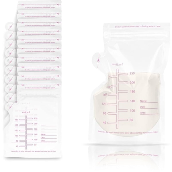 Oppbevaringsposer for morsmelk, 60 stk brystmelkoppbevaringsposer med kapasitet på 250 ml, vanntette, perfekt for amming av re