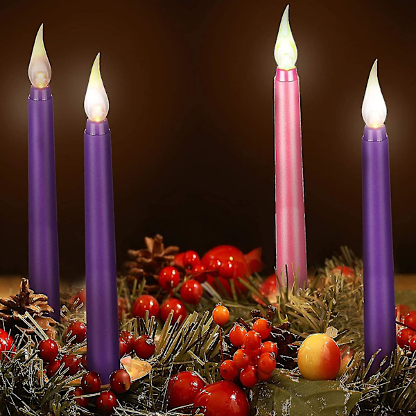 4 kpl LED-liekittömiä adventtikynttilöitä, violetti ja vaaleanpunainen, jouluun ja adventtirituaaleihin