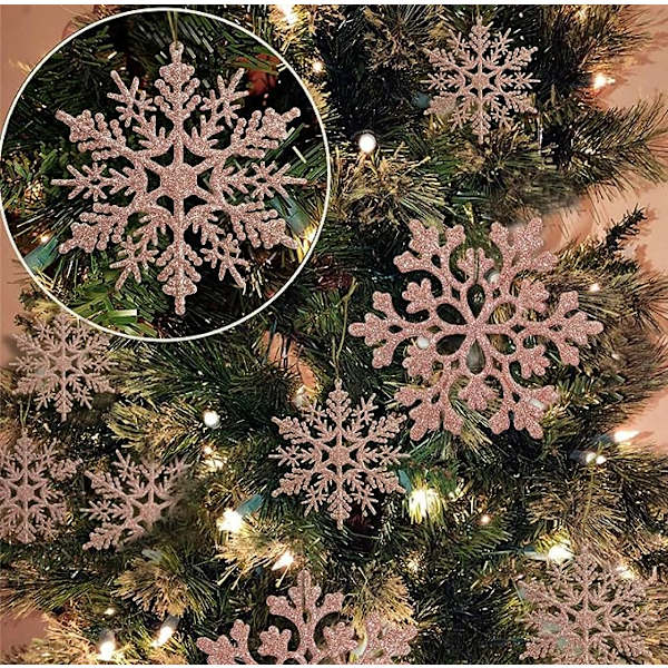 36 stk hvite snøfnugg ornamenter i plast med glitter for vinter og juletrepynt i forskjellige størrelser (r